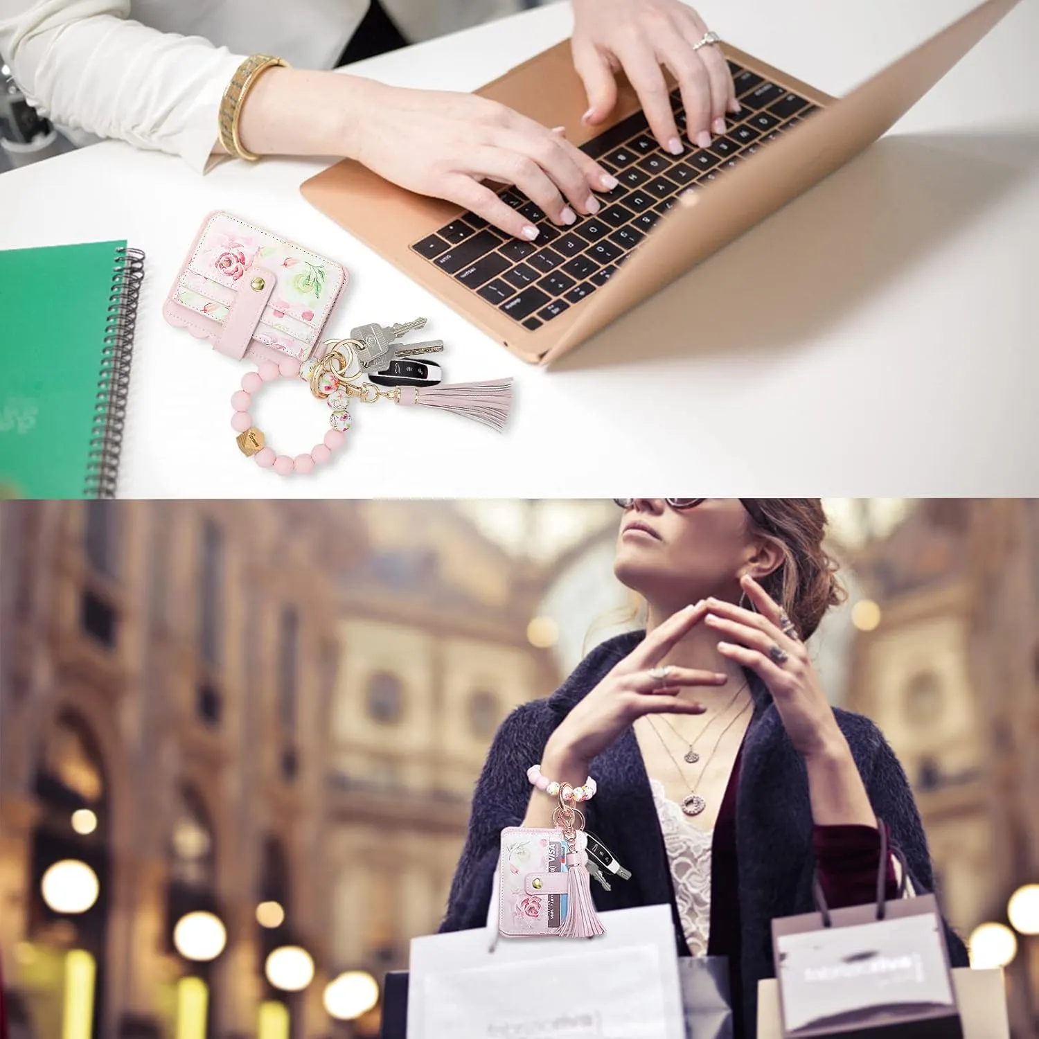 Keychain Wallet Wristlet Small Credit Card Holder Bracelet Key Chain Purse Bangle Tassel Beads Key Rings for Women