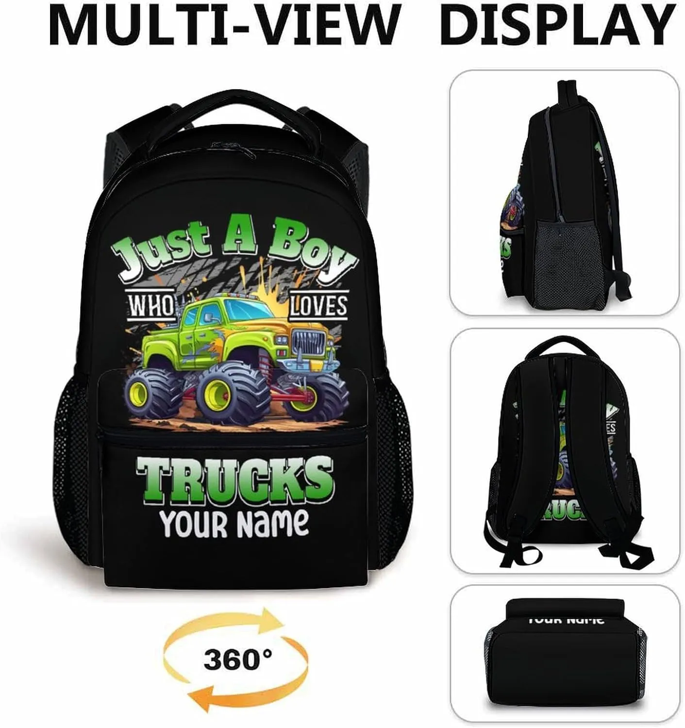 Kids Backpack - Custom Name Truck School Backpacks Gift for Boys Age 6-8 - 17 Inches Cool Bookbag with Adjustable Straps for Preschool, Elementary, Middle School