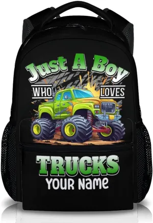 Kids Backpack - Custom Name Truck School Backpacks Gift for Boys Age 6-8 - 17 Inches Cool Bookbag with Adjustable Straps for Preschool, Elementary, Middle School