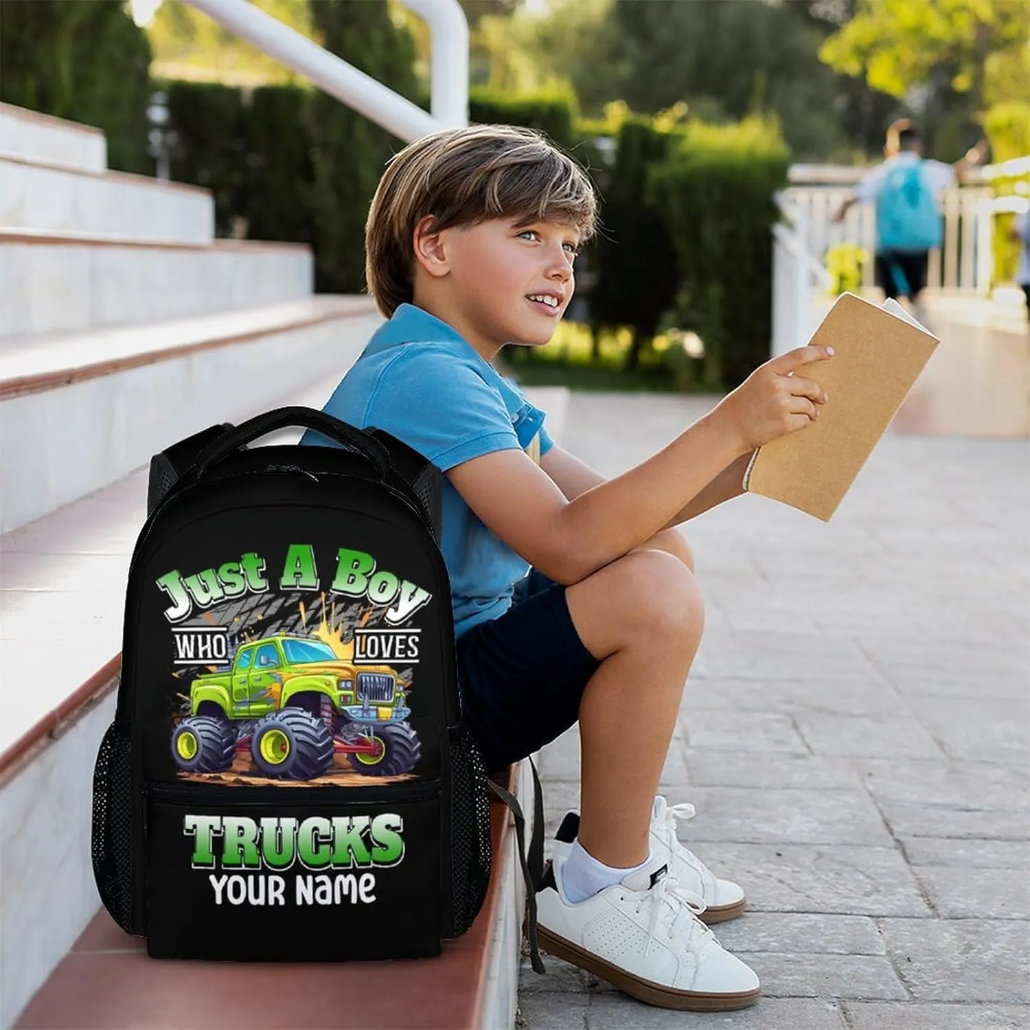Kids Backpack - Custom Name Truck School Backpacks Gift for Boys Age 6-8 - 17 Inches Cool Bookbag with Adjustable Straps for Preschool, Elementary, Middle School