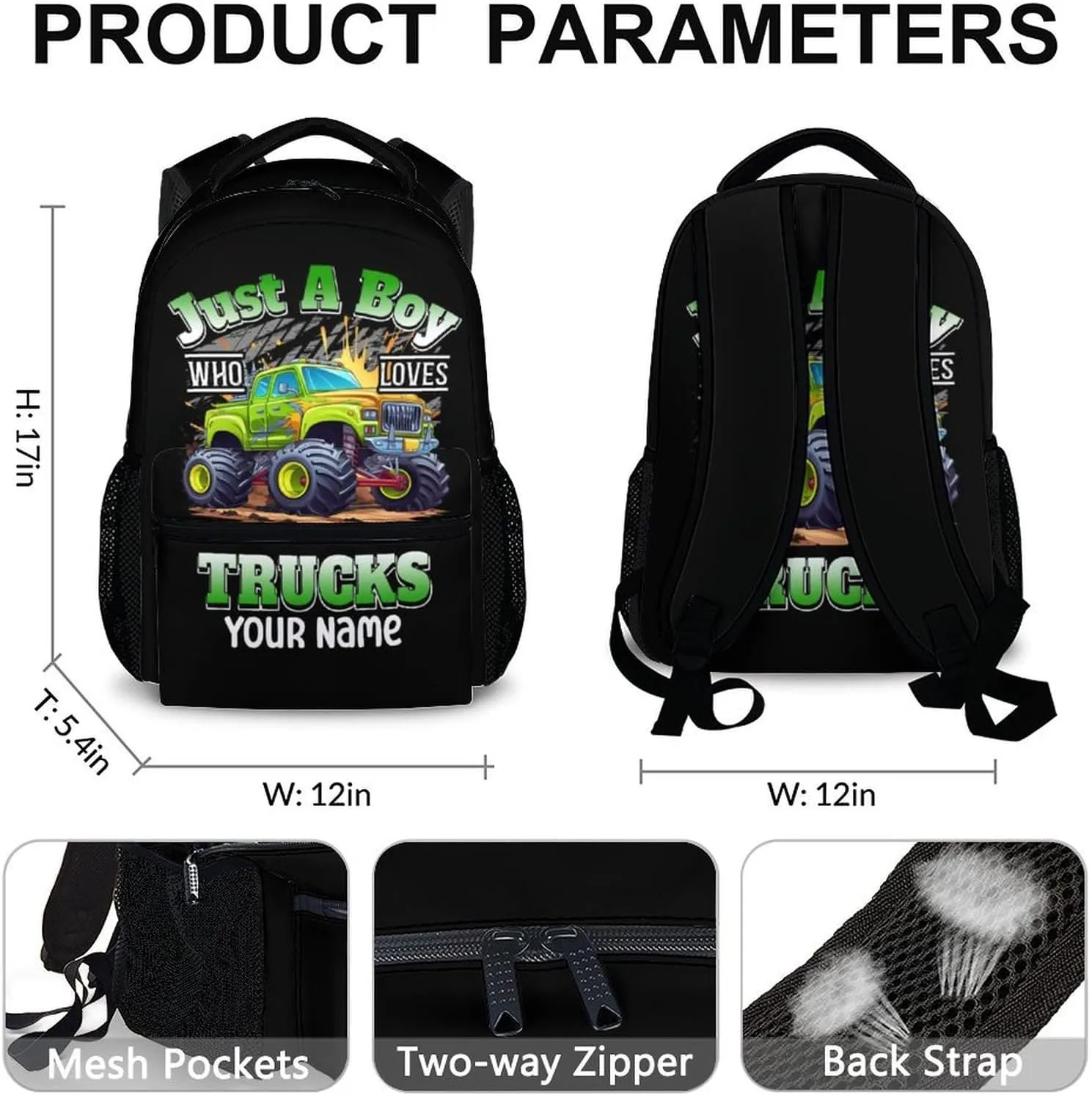 Kids Backpack - Custom Name Truck School Backpacks Gift for Boys Age 6-8 - 17 Inches Cool Bookbag with Adjustable Straps for Preschool, Elementary, Middle School