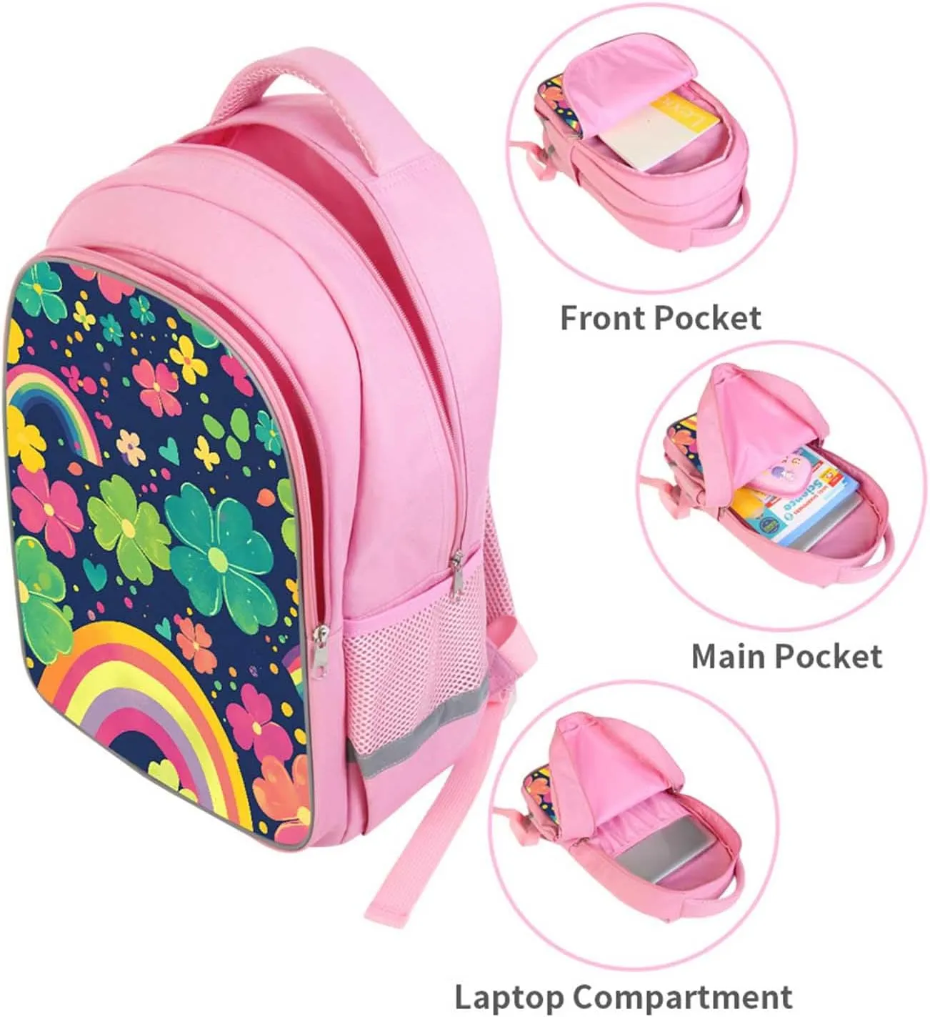 Kids Backpack for Girls, Rainbow Clover Pattern Pink School Bag with Adjustable Straps and Front Pocket for Children, Teens Back Pack for Elementary Primary, Polyester Bookbag, 17"