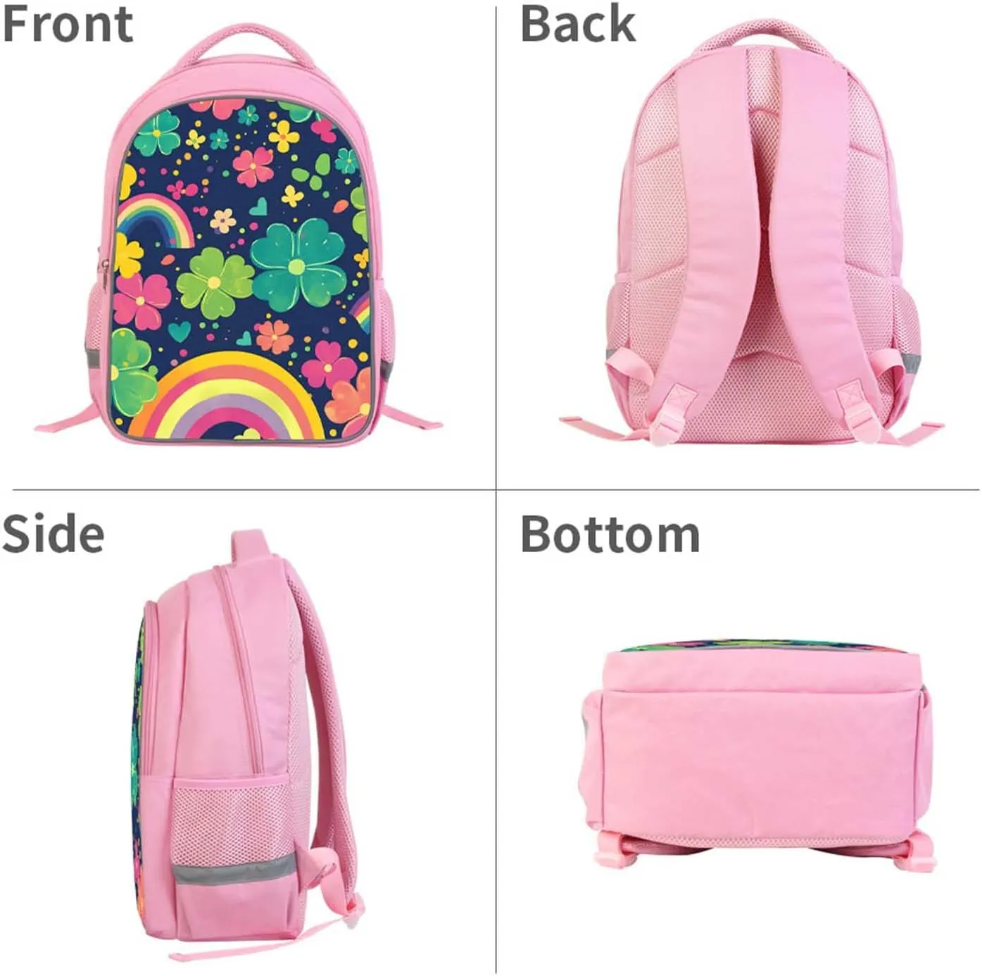 Kids Backpack for Girls, Rainbow Clover Pattern Pink School Bag with Adjustable Straps and Front Pocket for Children, Teens Back Pack for Elementary Primary, Polyester Bookbag, 17"