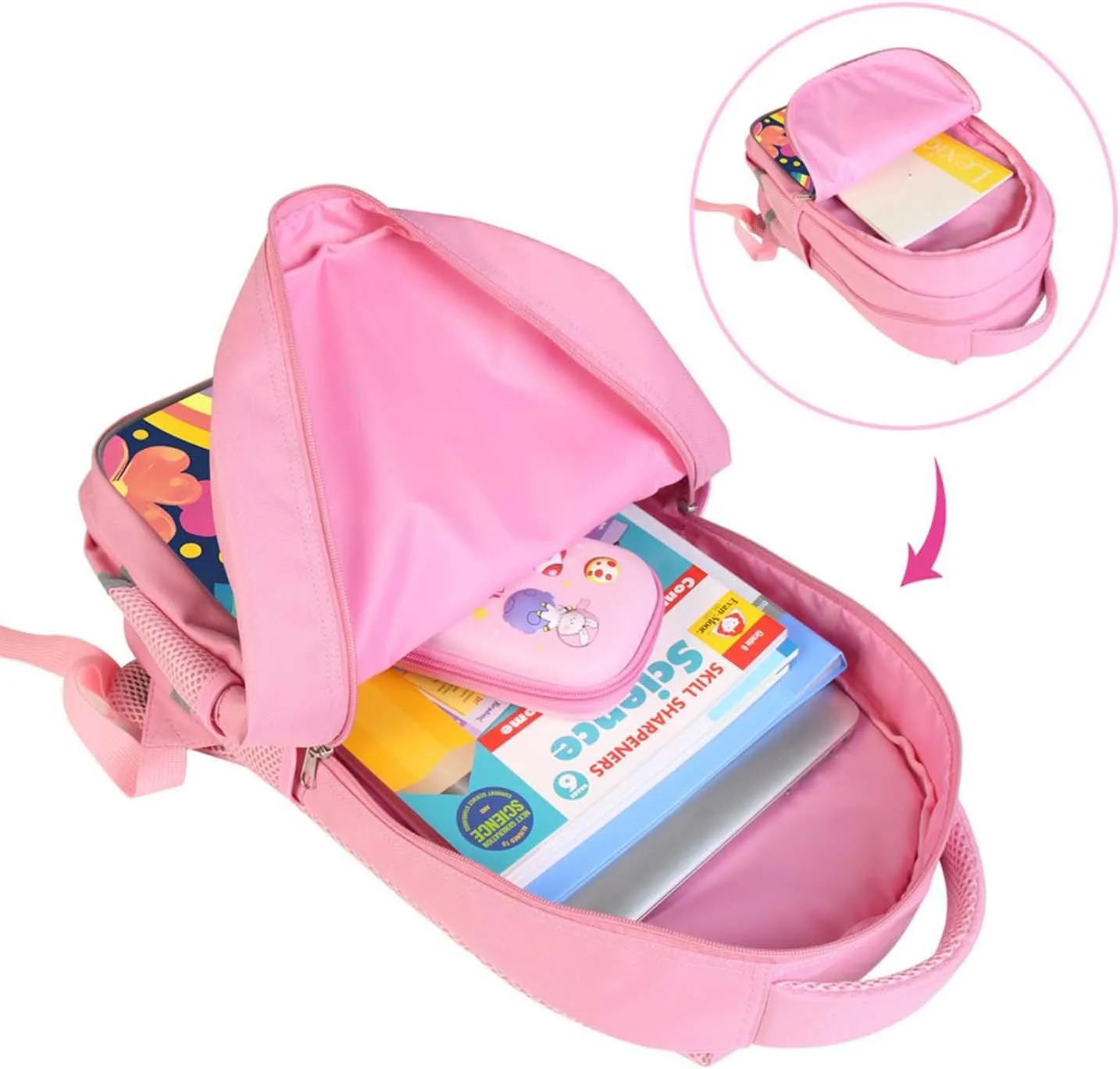 Kids Backpack for Girls, Rainbow Clover Pattern Pink School Bag with Adjustable Straps and Front Pocket for Children, Teens Back Pack for Elementary Primary, Polyester Bookbag, 17"
