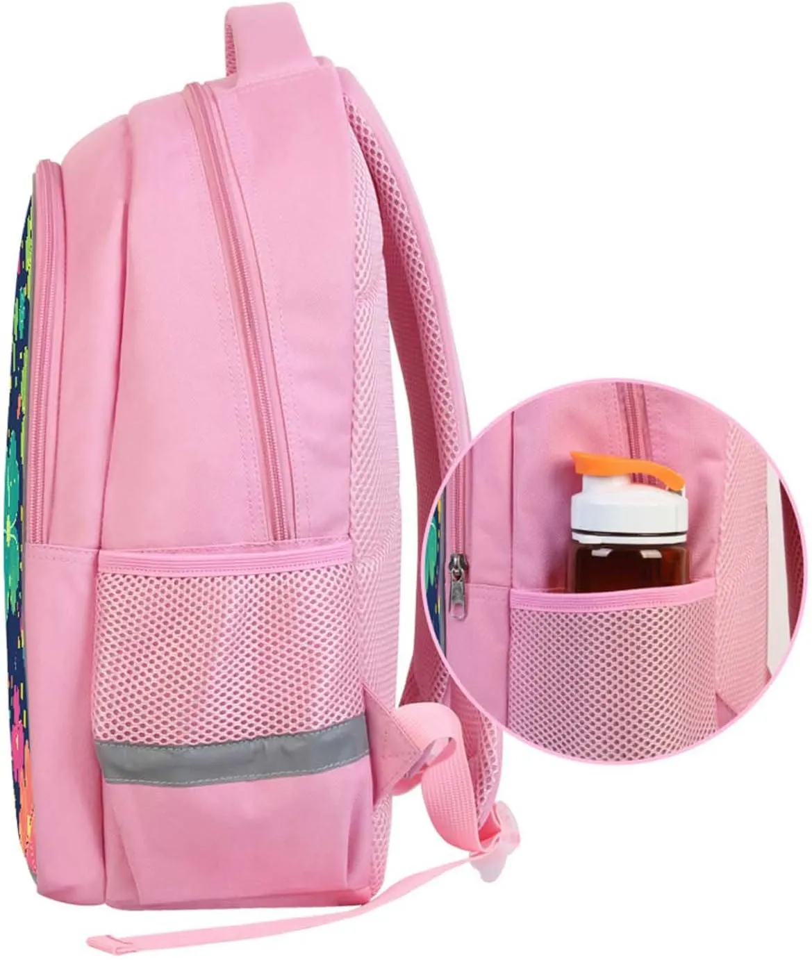 Kids Backpack for Girls, Rainbow Clover Pattern Pink School Bag with Adjustable Straps and Front Pocket for Children, Teens Back Pack for Elementary Primary, Polyester Bookbag, 17"