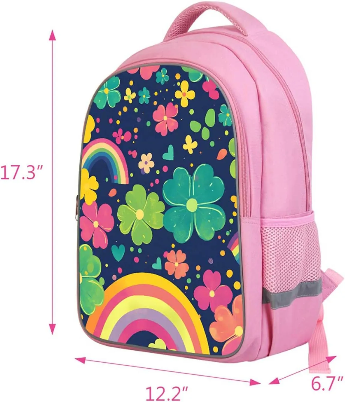 Kids Backpack for Girls, Rainbow Clover Pattern Pink School Bag with Adjustable Straps and Front Pocket for Children, Teens Back Pack for Elementary Primary, Polyester Bookbag, 17"