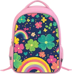 Kids Backpack for Girls, Rainbow Clover Pattern Pink School Bag with Adjustable Straps and Front Pocket for Children, Teens Back Pack for Elementary Primary, Polyester Bookbag, 17"
