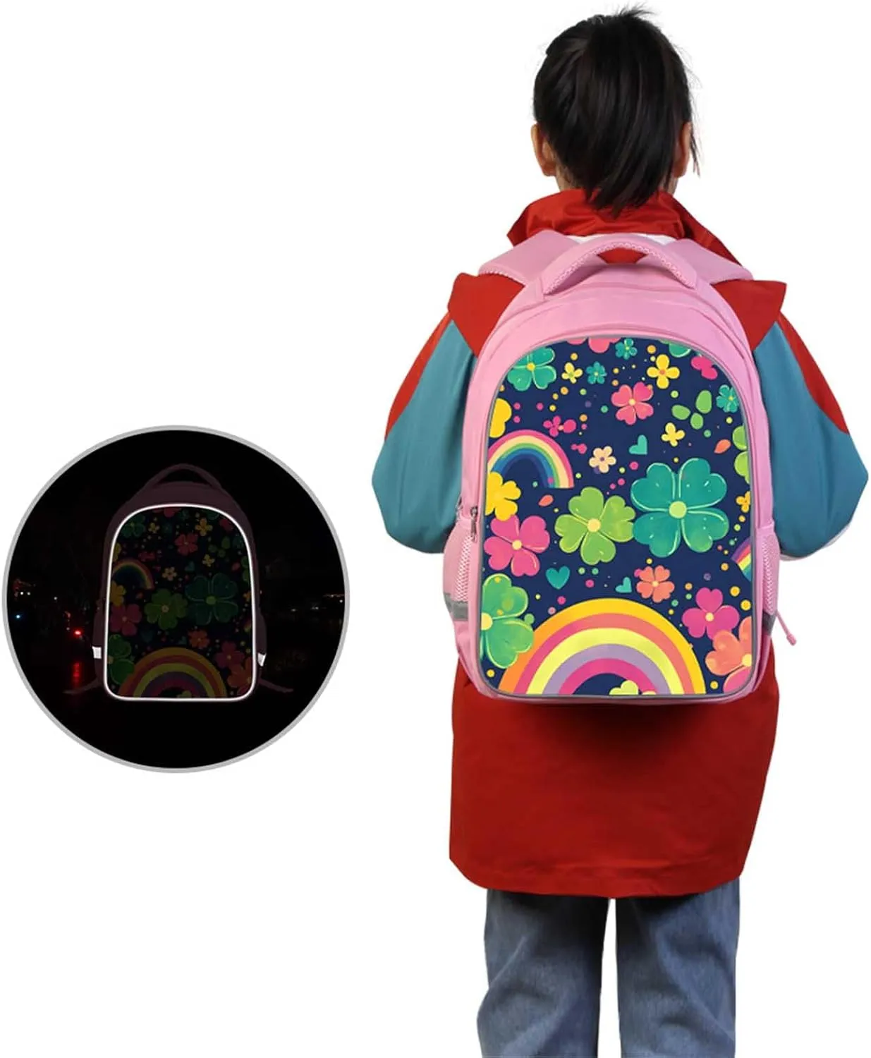 Kids Backpack for Girls, Rainbow Clover Pattern Pink School Bag with Adjustable Straps and Front Pocket for Children, Teens Back Pack for Elementary Primary, Polyester Bookbag, 17"