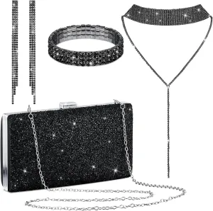 Kigeli 4 Pcs Women Rhinestone Evening Clutch Bag Crystal Jewelry Set Rhinestone Tassel Necklace Stretch Bangle Bracelet Crystal Fringe Earrings Bling Glitter Handbag for Wedding