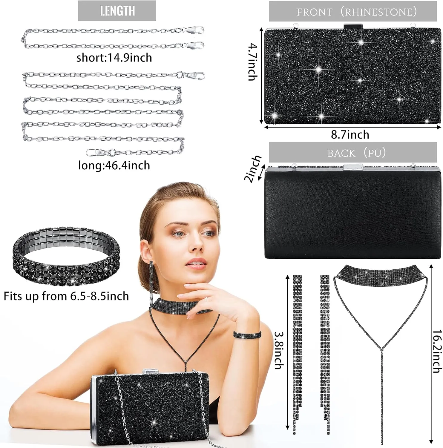 Kigeli 4 Pcs Women Rhinestone Evening Clutch Bag Crystal Jewelry Set Rhinestone Tassel Necklace Stretch Bangle Bracelet Crystal Fringe Earrings Bling Glitter Handbag for Wedding