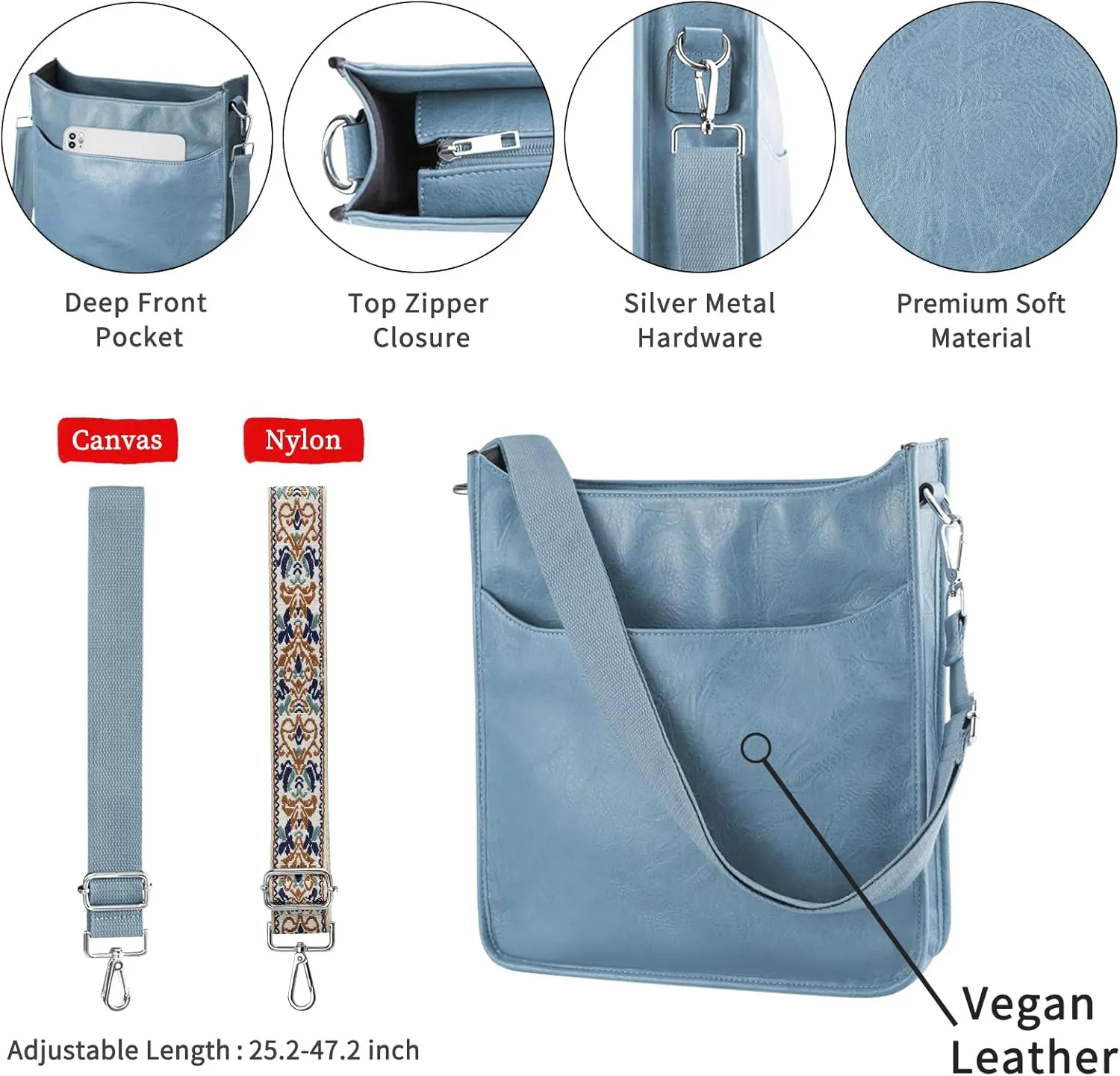 KITATU Crossbody Bag for Women Hobo Handbags - Vegan Leather Designer Purse Shoulder Zipper Bag with 2 Adjustable Straps