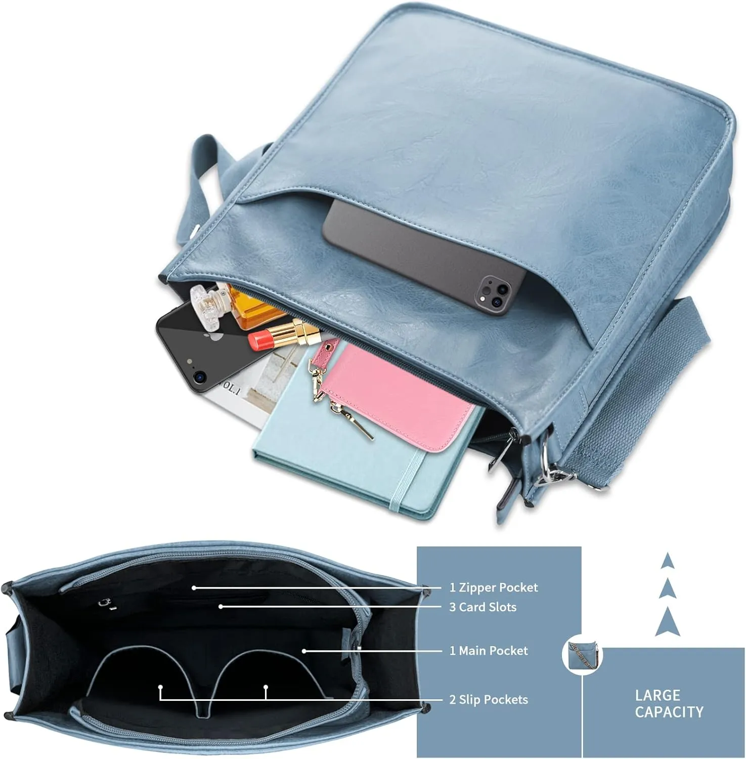 KITATU Crossbody Bag for Women Hobo Handbags - Vegan Leather Designer Purse Shoulder Zipper Bag with 2 Adjustable Straps