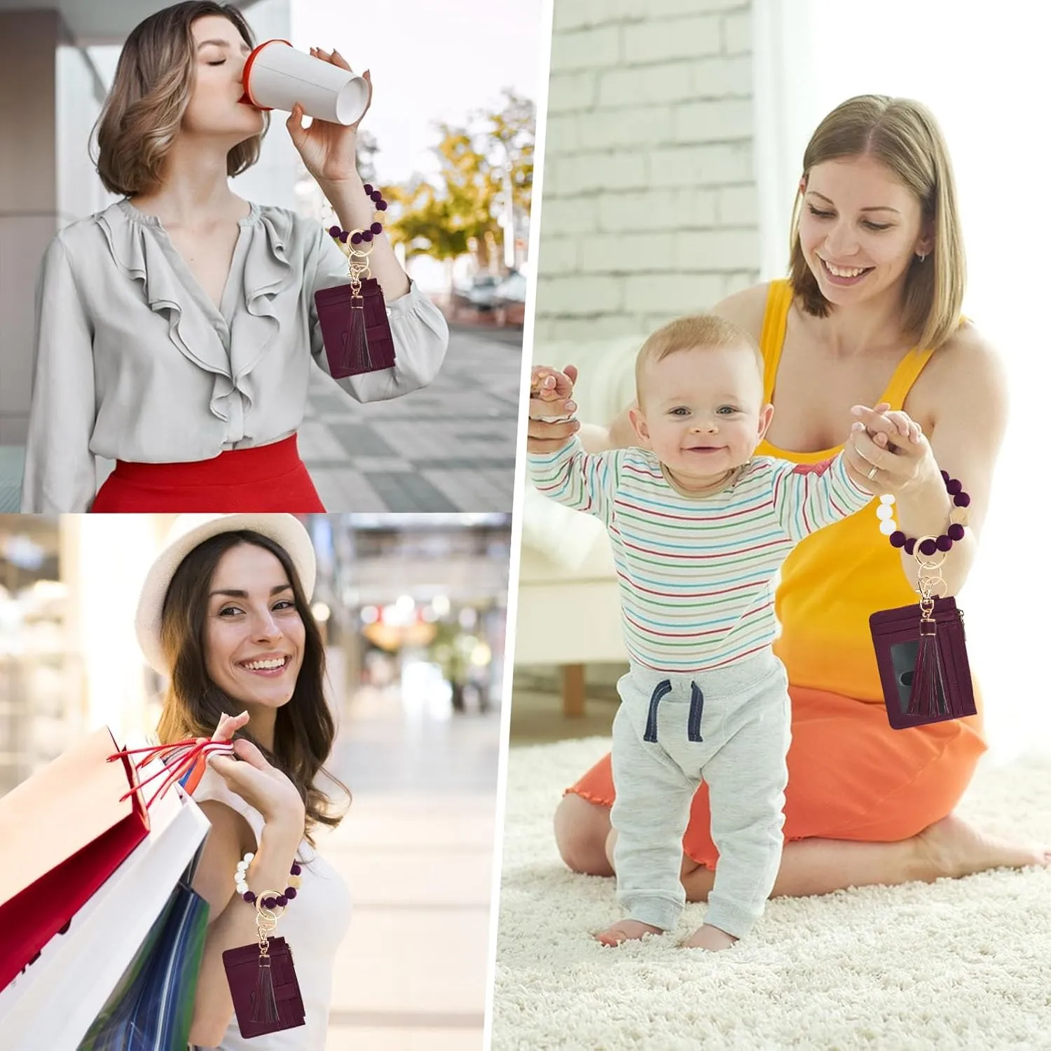 KNGITRYI Wallet Keychain Wristlet for Women,Slim RFID Credit Card Holder Purse Tassel Keychain Bangle Key Ring for Men Women