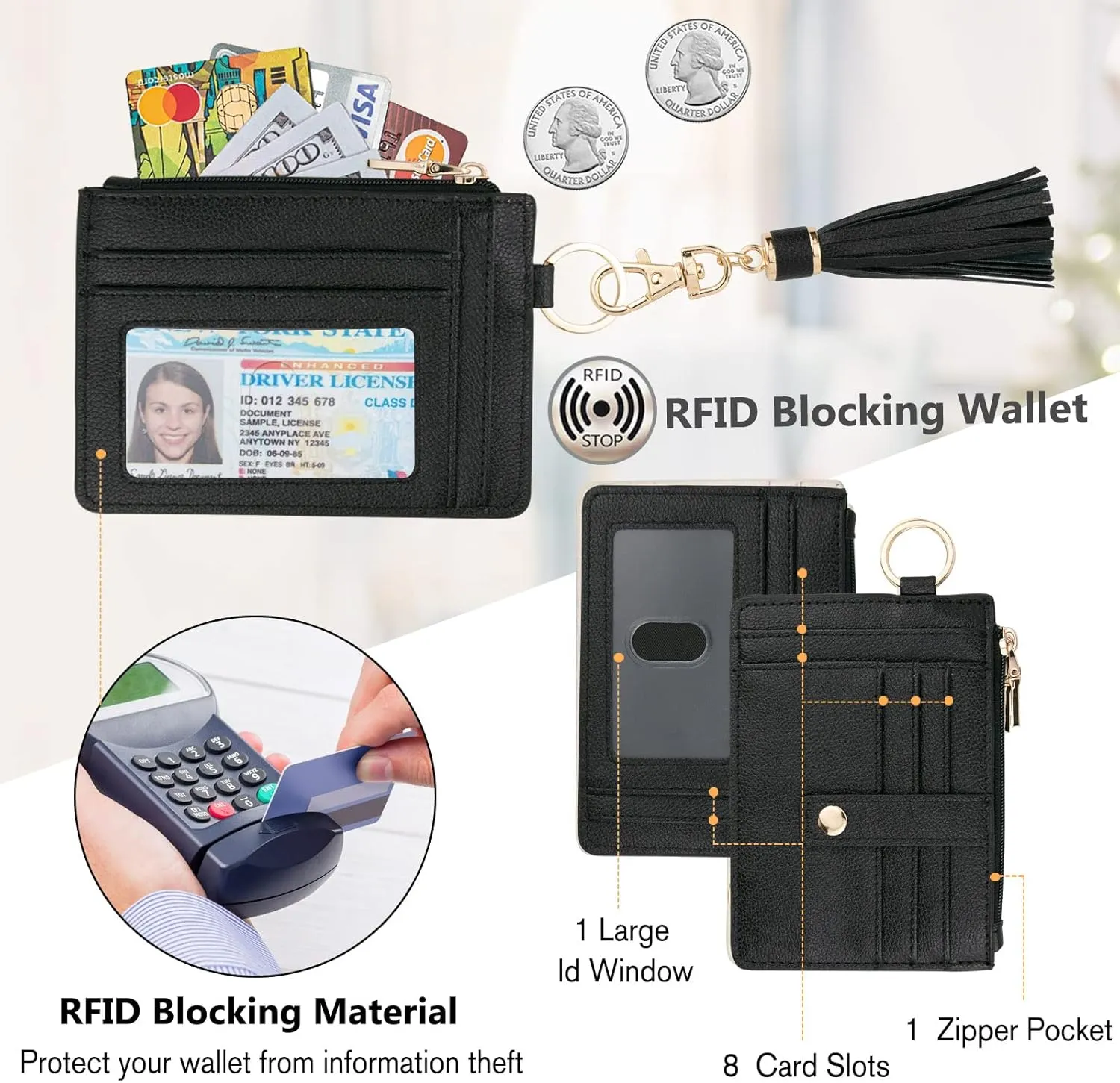 KNGITRYI Wallet Keychain Wristlet for Women,Slim RFID Credit Card Holder Purse Tassel Keychain Bangle Key Ring for Men Women