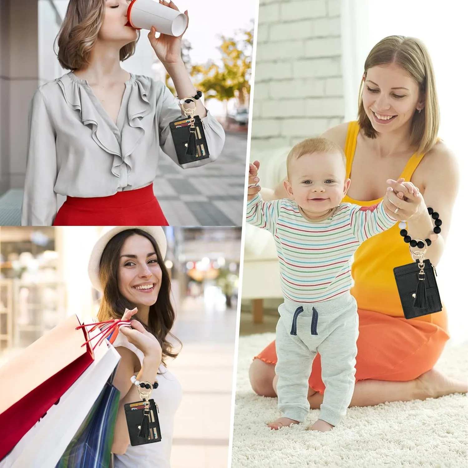 KNGITRYI Wallet Keychain Wristlet for Women,Slim RFID Credit Card Holder Purse Tassel Keychain Bangle Key Ring for Men Women
