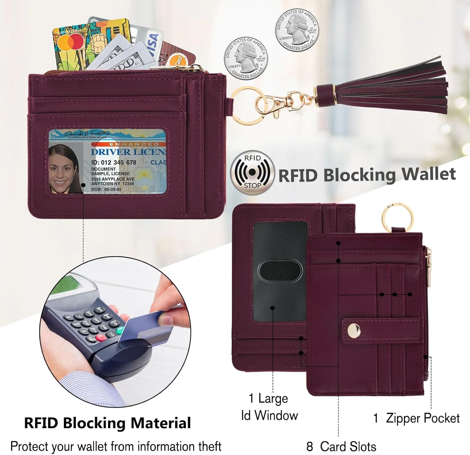 KNGITRYI Wallet Keychain Wristlet for Women,Slim RFID Credit Card Holder Purse Tassel Keychain Bangle Key Ring for Men Women