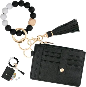 KNGITRYI Wallet Keychain Wristlet for Women,Slim RFID Credit Card Holder Purse Tassel Keychain Bangle Key Ring for Men Women