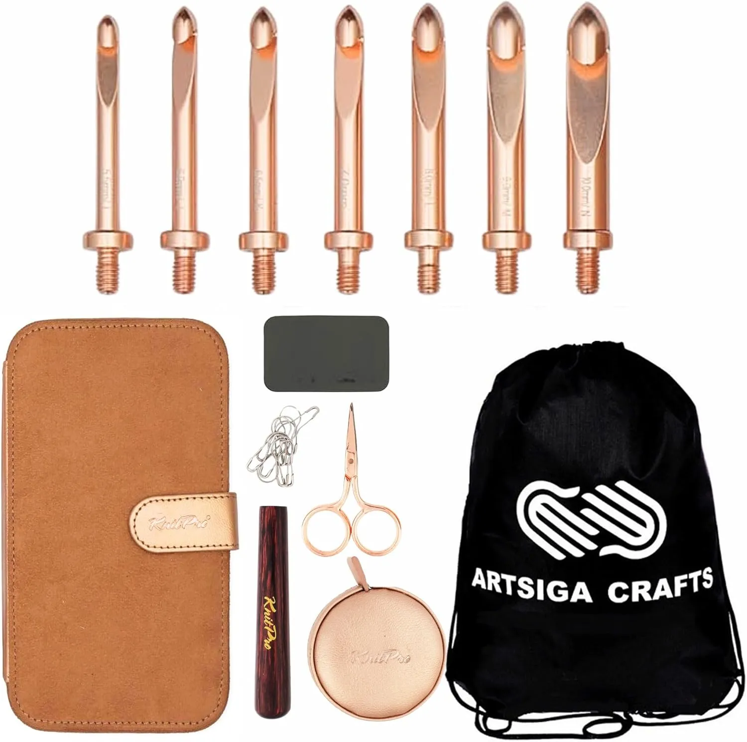 KnitPro Oasis Chunky Set Crochet Hooks 2 inch Size 5.5, 6.0, 6.5, 7.0, 8.0, 9.0, 10.0 mm Interchangeable, Stitch Markers, Measuring Tape & More, Fabric Case with Project Bag
