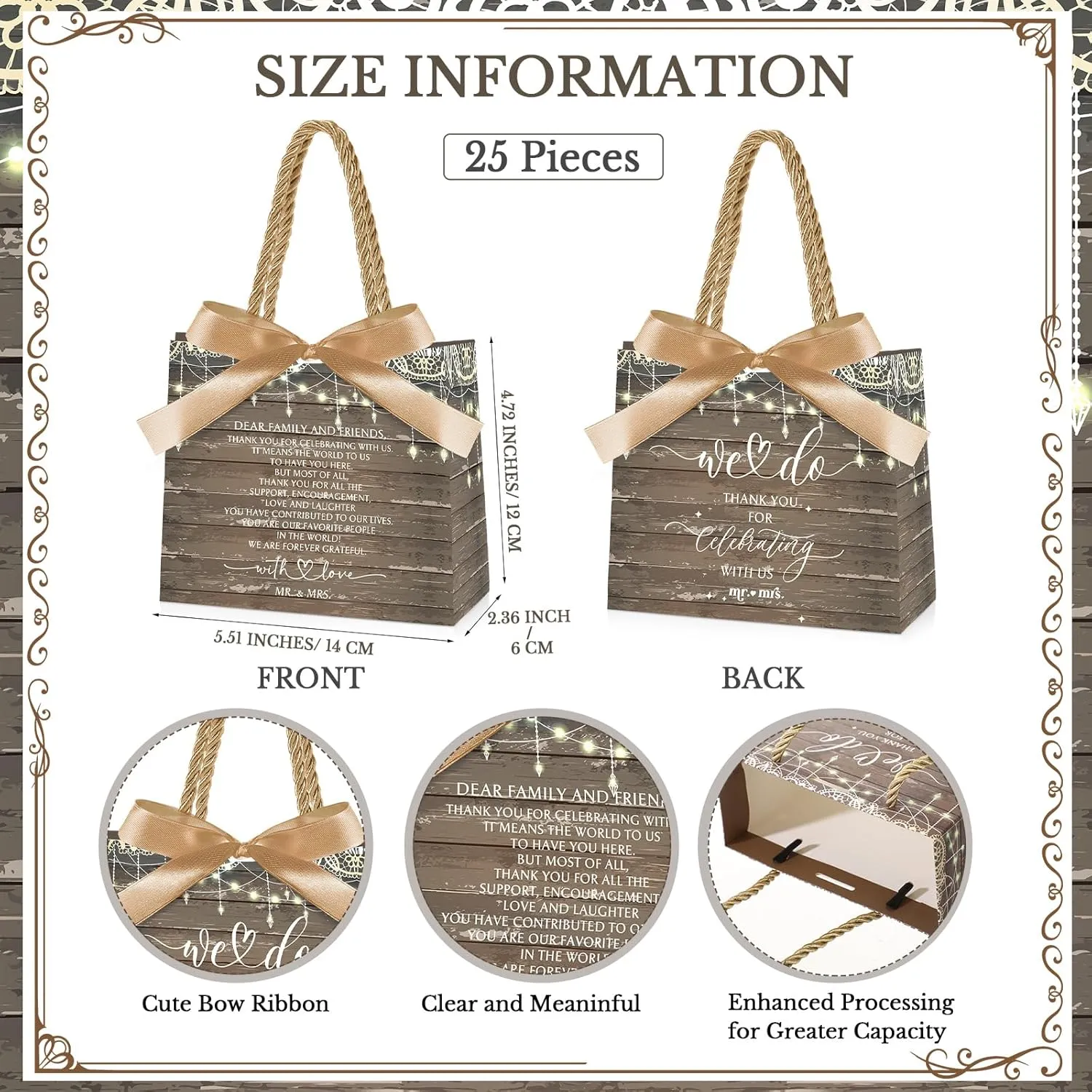 Kolldenn 25 Pcs Wedding Welcome Bags for Guests - Retro Gift Bags with Handles and Bow Ribbon for Hotel Guests Bridal Shower Wedding Party Favors