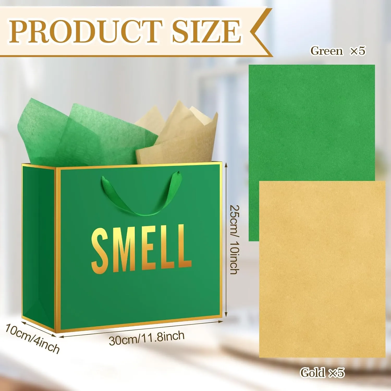 Kolldenn 5 Senses Gift Bags for Him Her Five Senses Gift Bag with Ribbon Handles and Tissue Paper Present Wrappings for Valentine Wedding Birthday Mothers Day(Green,11.8 x 10 x 4 Inch)