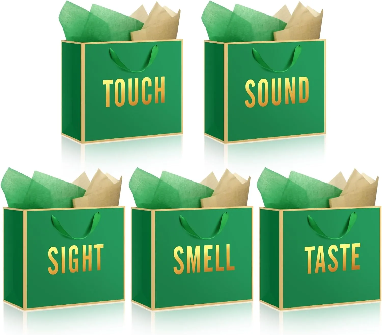 Kolldenn 5 Senses Gift Bags for Him Her Five Senses Gift Bag with Ribbon Handles and Tissue Paper Present Wrappings for Valentine Wedding Birthday Mothers Day(Green,11.8 x 10 x 4 Inch)