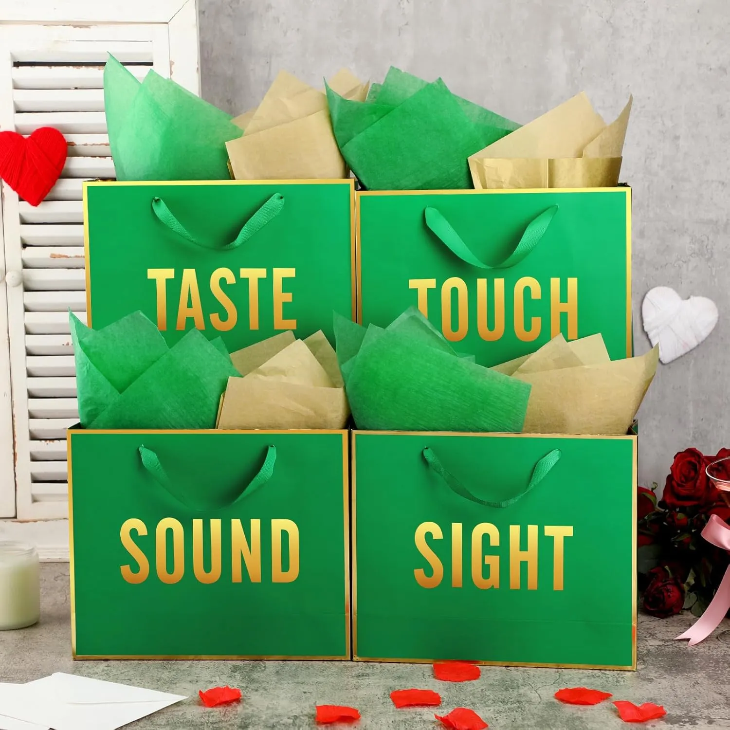 Kolldenn 5 Senses Gift Bags for Him Her Five Senses Gift Bag with Ribbon Handles and Tissue Paper Present Wrappings for Valentine Wedding Birthday Mothers Day(Green,11.8 x 10 x 4 Inch)
