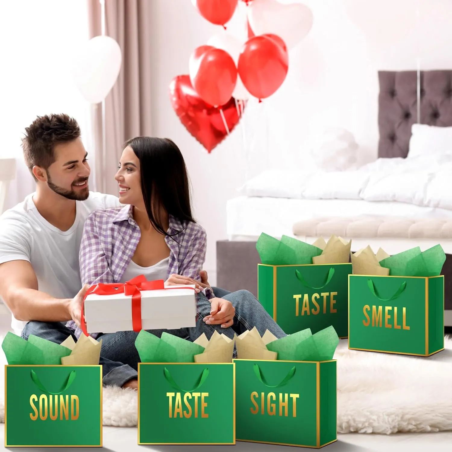 Kolldenn 5 Senses Gift Bags for Him Her Five Senses Gift Bag with Ribbon Handles and Tissue Paper Present Wrappings for Valentine Wedding Birthday Mothers Day(Green,11.8 x 10 x 4 Inch)