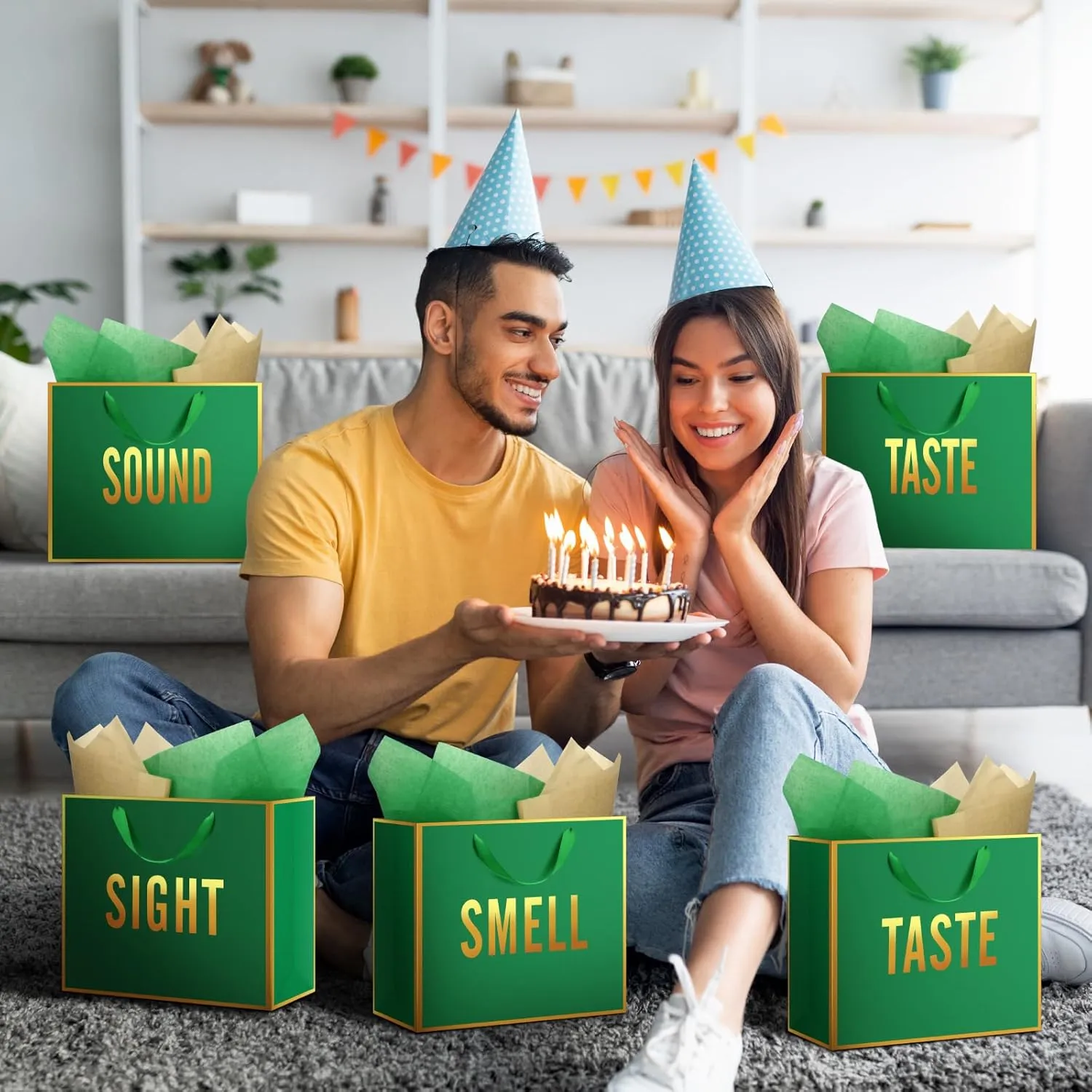 Kolldenn 5 Senses Gift Bags for Him Her Five Senses Gift Bag with Ribbon Handles and Tissue Paper Present Wrappings for Valentine Wedding Birthday Mothers Day(Green,11.8 x 10 x 4 Inch)