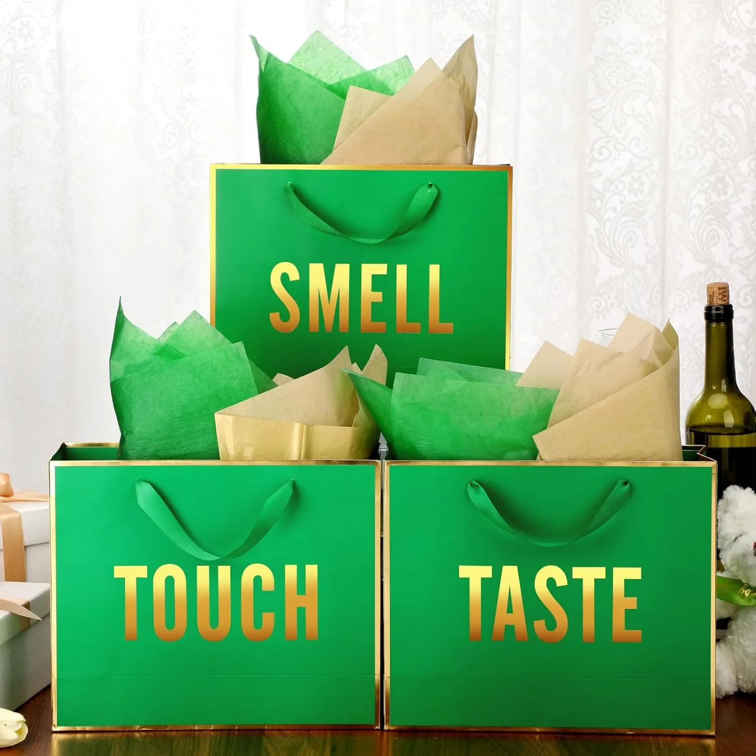 Kolldenn 5 Senses Gift Bags for Him Her Five Senses Gift Bag with Ribbon Handles and Tissue Paper Present Wrappings for Valentine Wedding Birthday Mothers Day(Green,11.8 x 10 x 4 Inch)