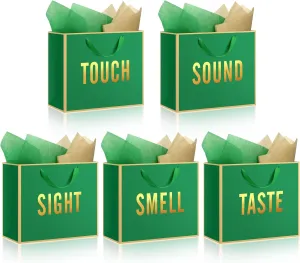 Kolldenn 5 Senses Gift Bags for Him Her Five Senses Gift Bag with Ribbon Handles and Tissue Paper Present Wrappings for Valentine Wedding Birthday Mothers Day(Green,11.8 x 10 x 4 Inch)