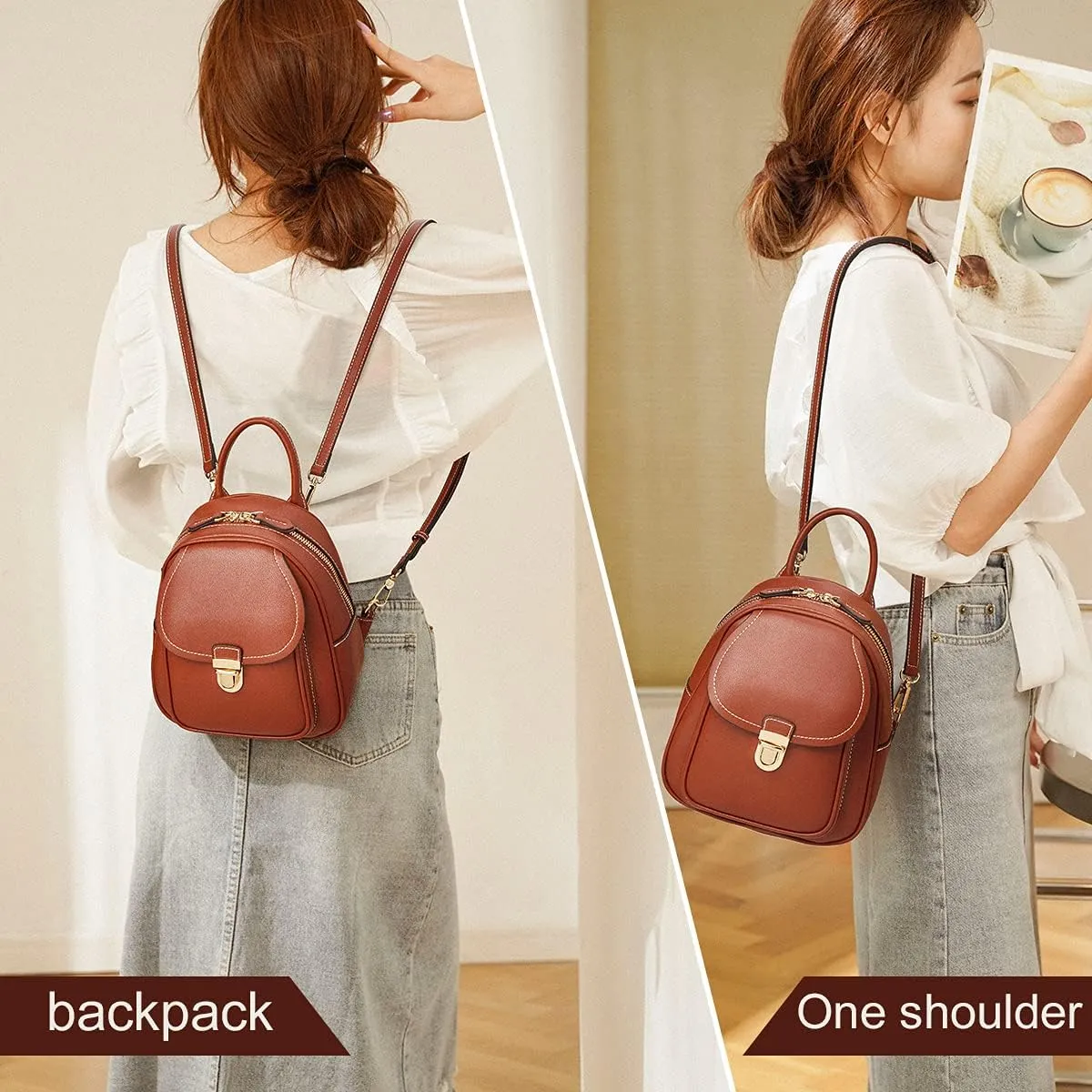LAORENTOU Small Backpack Purse for Women Cowhide Mini Leather Backpack for Women, Ladies Small Shoulder Crossbody Handbags