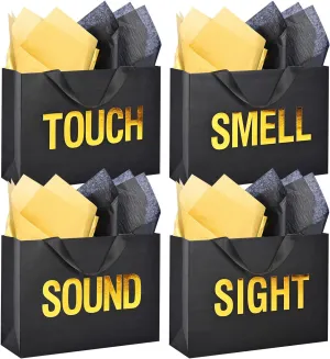 Large 5 Senses Gift Bags for Him Her, Gold Foil Sight Smell Touch Taste Sound Gift Bags,Five Senses Gift Bag for Him with Handles and Tissue Paper for Birthday, Mothers Day, Anniversary, Christmas(12.6 x 8.7 x 4 Inch)