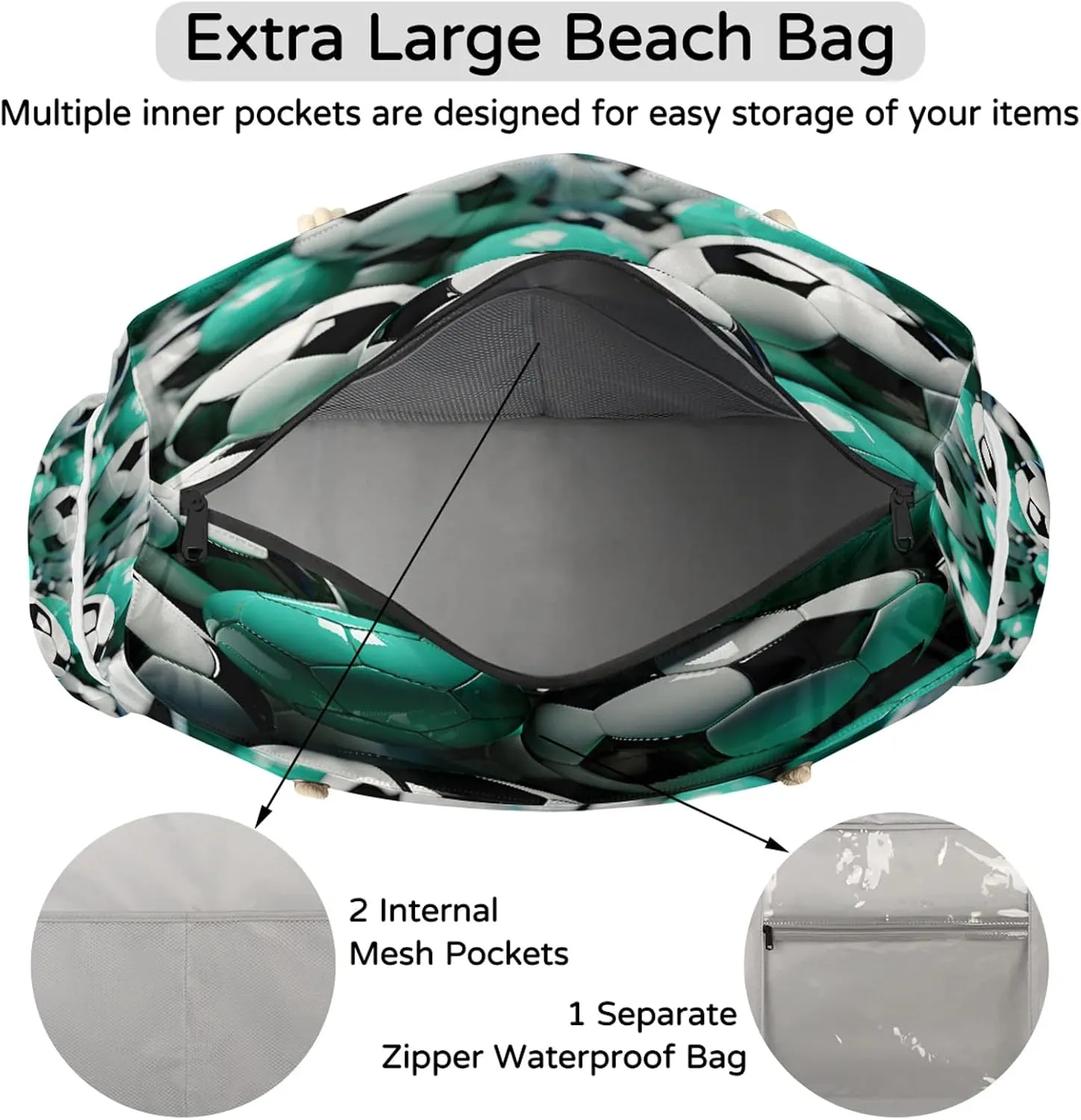 Large Beach Bags for Women and Men, Waterproof Tote with Zipper, Reusable Grocery Shopping Shoulder Bag