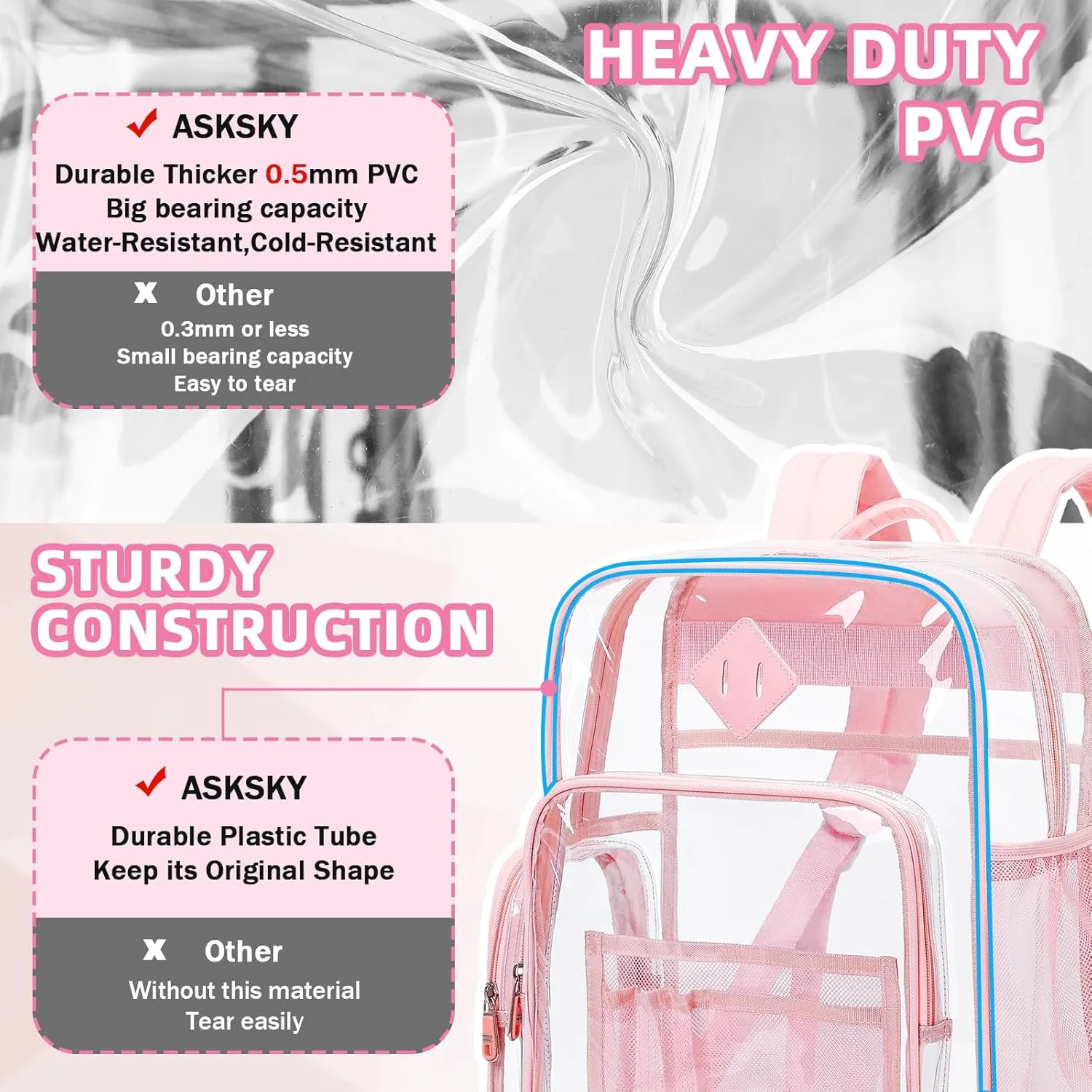 Large Clear Backpack for Girls, Heavy Duty PVC Transparent Bookbag for Women Stadium Events See Through Back Pack Fits 16 inch Laptop for School Work Travel, Pink