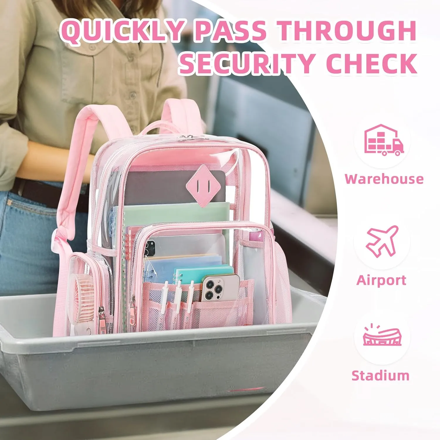 Large Clear Backpack for Girls, Heavy Duty PVC Transparent Bookbag for Women Stadium Events See Through Back Pack Fits 16 inch Laptop for School Work Travel, Pink