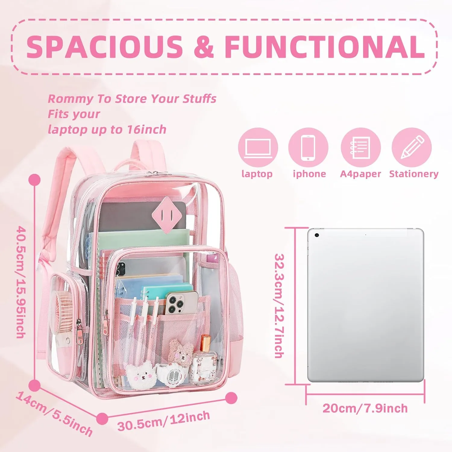 Large Clear Backpack for Girls, Heavy Duty PVC Transparent Bookbag for Women Stadium Events See Through Back Pack Fits 16 inch Laptop for School Work Travel, Pink
