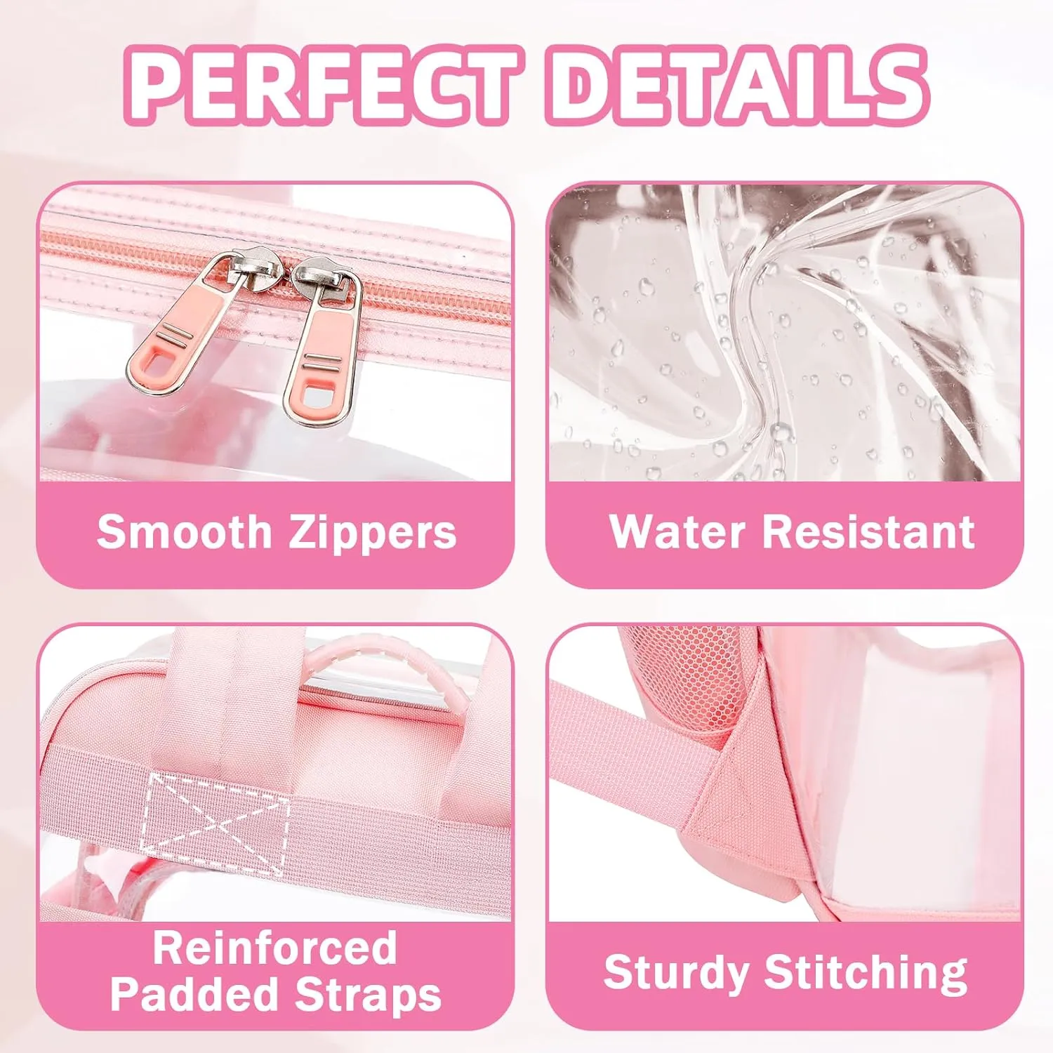 Large Clear Backpack for Girls, Heavy Duty PVC Transparent Bookbag for Women Stadium Events See Through Back Pack Fits 16 inch Laptop for School Work Travel, Pink