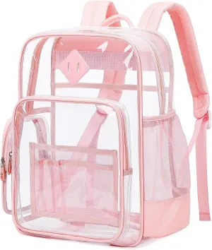 Large Clear Backpack for Girls, Heavy Duty PVC Transparent Bookbag for Women Stadium Events See Through Back Pack Fits 16 inch Laptop for School Work Travel, Pink