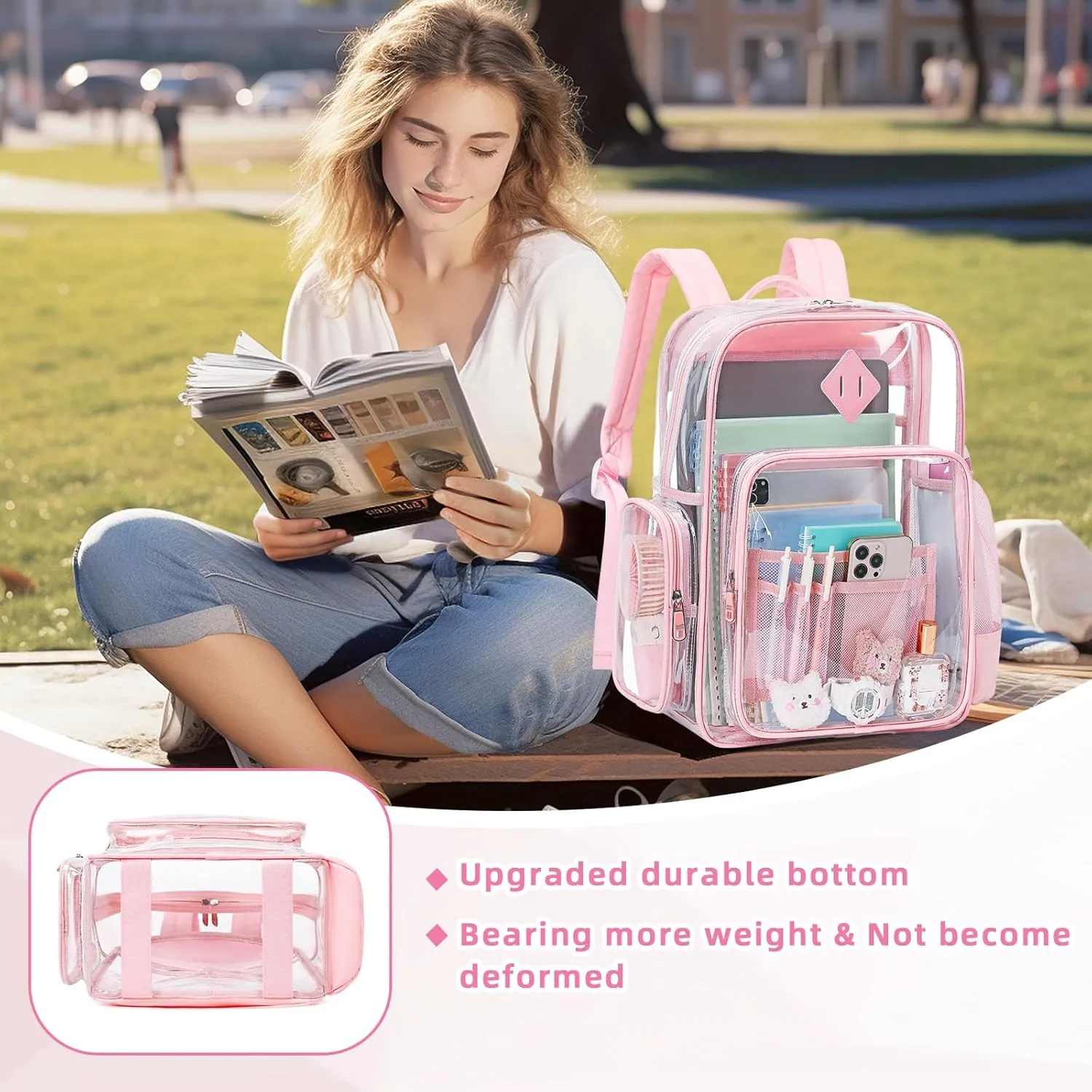 Large Clear Backpack for Girls, Heavy Duty PVC Transparent Bookbag for Women Stadium Events See Through Back Pack Fits 16 inch Laptop for School Work Travel, Pink