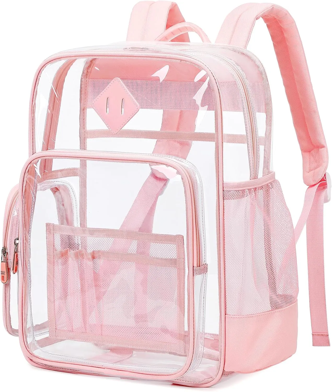 Large Clear Backpack for Girls, Heavy Duty PVC Transparent Bookbag for Women Stadium Events See Through Back Pack Fits 16 inch Laptop for School Work Travel, Pink