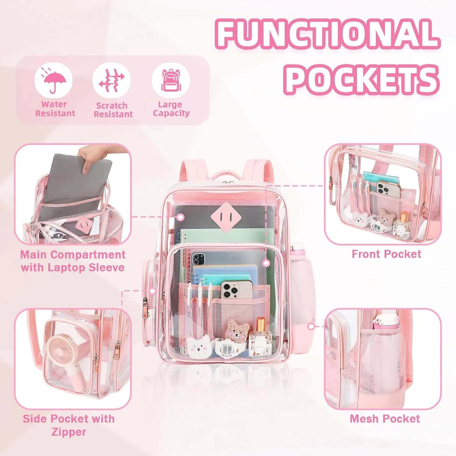 Large Clear Backpack for Girls, Heavy Duty PVC Transparent Bookbag for Women Stadium Events See Through Back Pack Fits 16 inch Laptop for School Work Travel, Pink