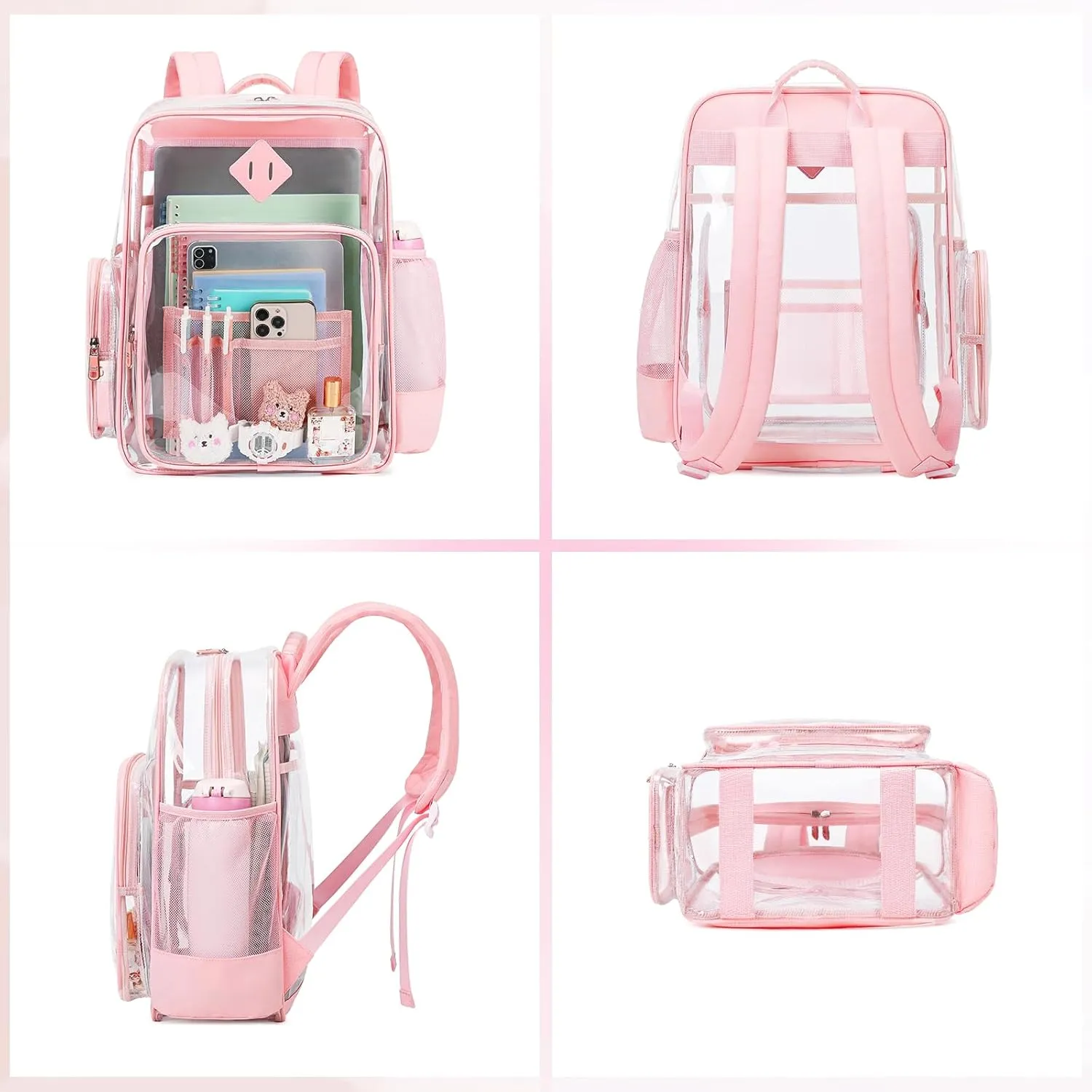 Large Clear Backpack for Girls, Heavy Duty PVC Transparent Bookbag for Women Stadium Events See Through Back Pack Fits 16 inch Laptop for School Work Travel, Pink