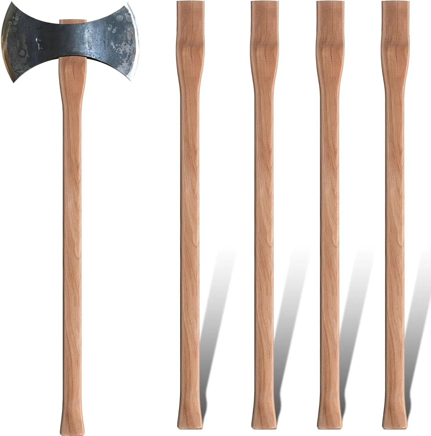 Lasnten 4 Pcs 36 Inches Double Bit Axe Handle Replacement Hickory Wood Axe Maul Handle, Complete Set with Wooden and Iron Wedges for Double Bit Hatchet