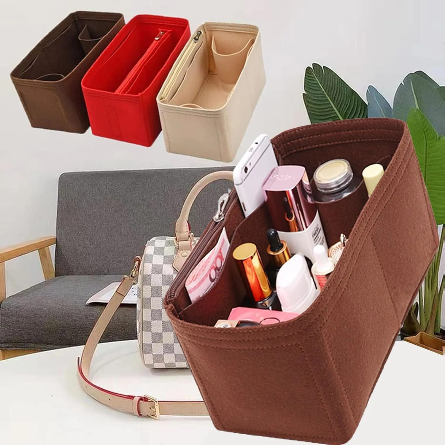 Lckaey Purse Inserts for Speedy 25 Organizer Insert, for monogram bag, HandBag protective insert Tote Bag and hand bag protector, organizer insert 1083Coffee-M