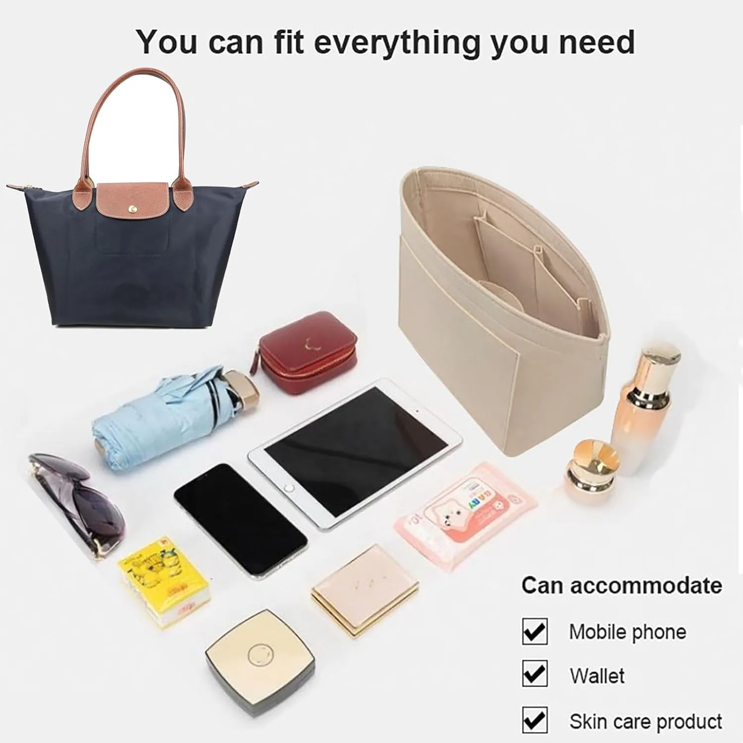 Lckaey Purse Organizer Insert for le pliage large Handbags Insert Organizer1012beige-L