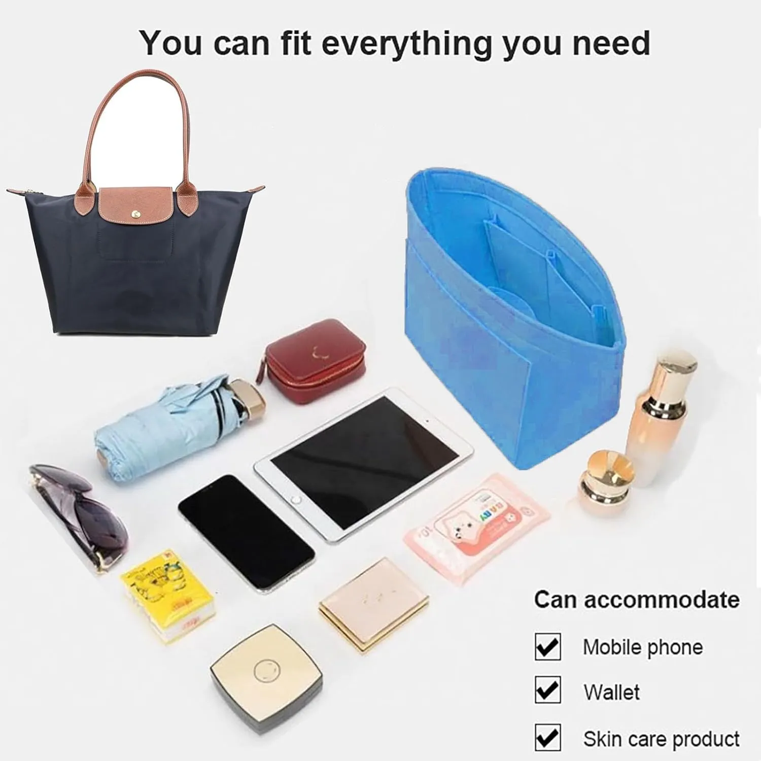 Lckaey Purse Organizer Insert for longchamp le pliage large Handbags Insert Organizer 1012French blue-L