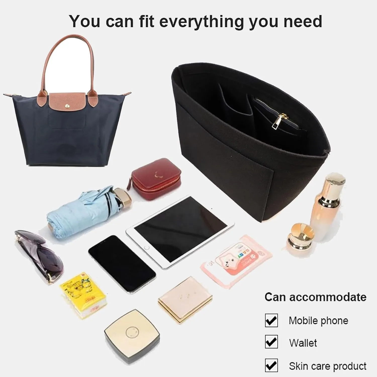 Lckaey Purse Organizer Insert for longchamp organizer insert(Large) Handbags Organizer 1012black2-S, S/8.27*6.7*5.12in