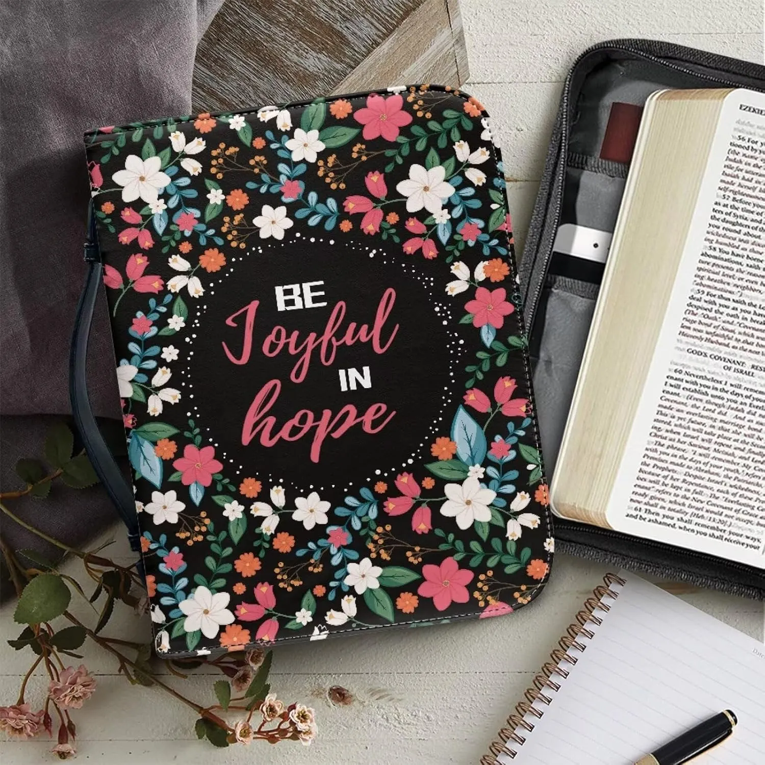 Leather Bible Covers for Women Aesthetic Floral Bible Quotes Bible Carrying Case with Handle
