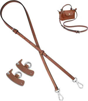 Leather Purse Straps for Le Pliage Mini Pouch,Shoulder Straps Adjustable Handbag Crossbody Modification, Replacement Bag Straps Bag Transformation Set fit Longchamp Bag Mini Bag（Brown Silver）
