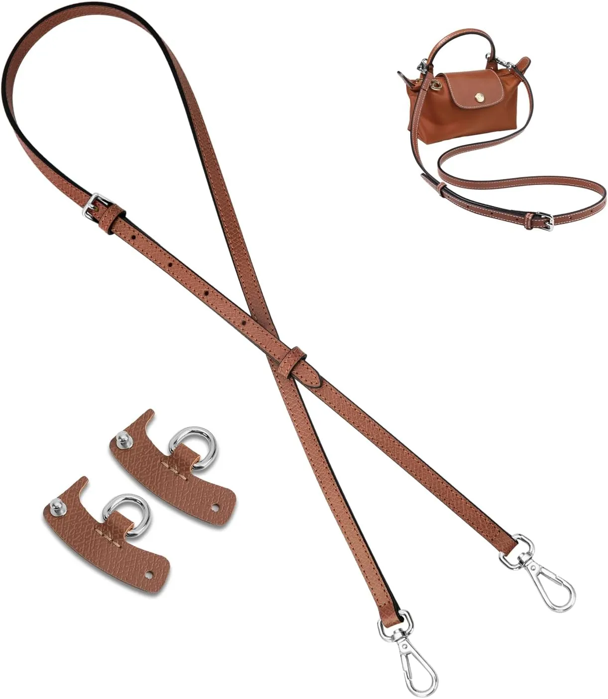 Leather Purse Straps for Le Pliage Mini Pouch,Shoulder Straps Adjustable Handbag Crossbody Modification, Replacement Bag Straps Bag Transformation Set fit Longchamp Bag Mini Bag（Brown Silver）